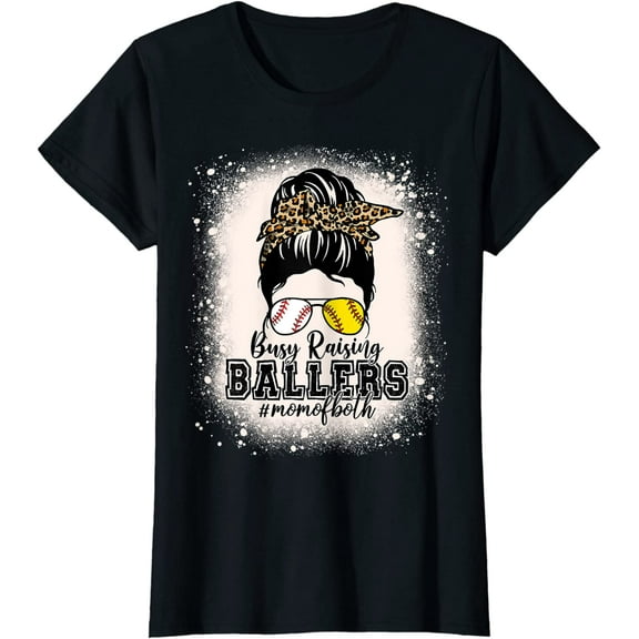 Messy Bun Mom Of Both Baseball Softball Busy Raising Ballers T-Shirt