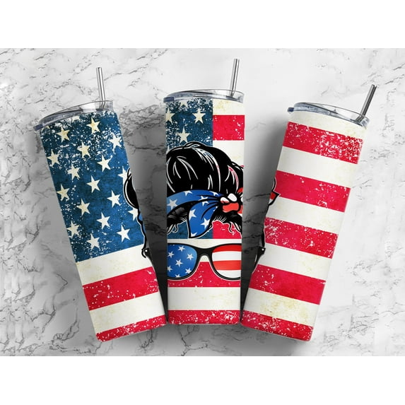 Messy Bun Mom Patriotic USA 20 Oz Skinny Metal Tumbler w/Lid and Straw