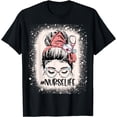 thumbnail image 1 of Messy Bun Nurse Life Bleached Stethoscope Healthcare worker T-Shirt, 1 of 4
