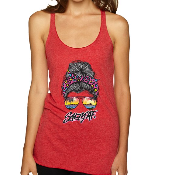 Messy Bun Salty AF | Cool Neon Leopard Print Bandana | Fashion Tri-Blend Racerback Sleeveless Top, Vintage Red, XL
