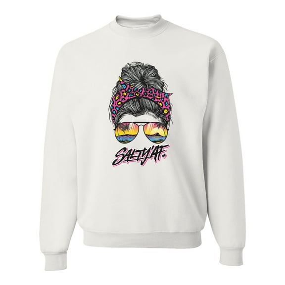 Messy Bun Salty AF | Cool Neon Leopard Print Bandana | Fashion Unisex Crewneck Sweatshirt, White, XL