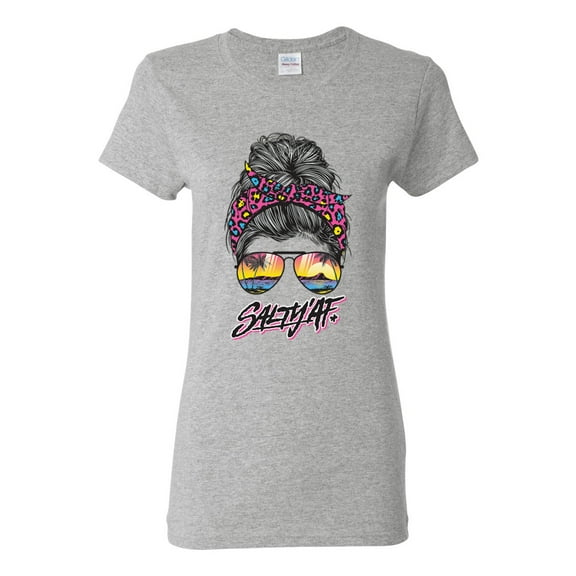 Messy Bun Salty AF | Cool Neon Leopard Print Bandana | Fashion Womens T-Shirt, Heather Grey, M