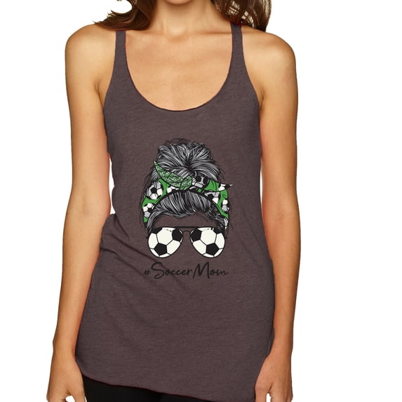 Messy Bun Soccer Life | Mom Life Game Day Vibes Sports Lover | Mother's Day Sports Tri-Blend Racerback Sleeveless Top, Brown, M