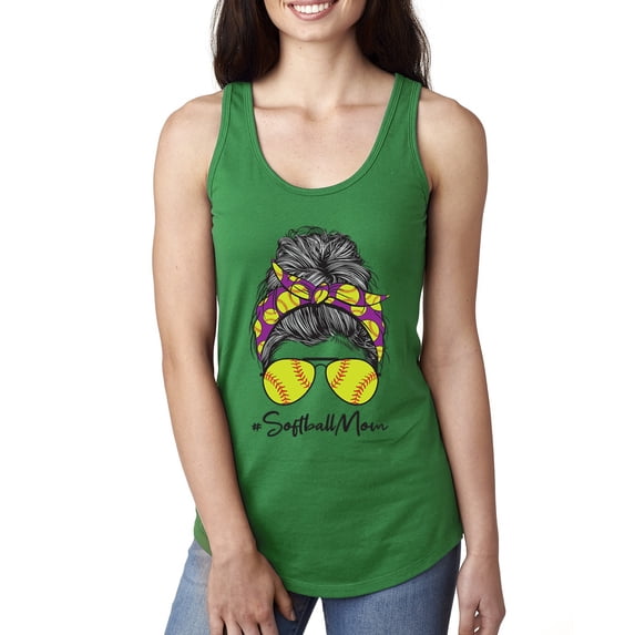 Messy Bun Softball Mom Life Game Day Vibes Sports Lover | Mother's Day Sports Ladies Racerback Sleeveless Top, Kelly, XL