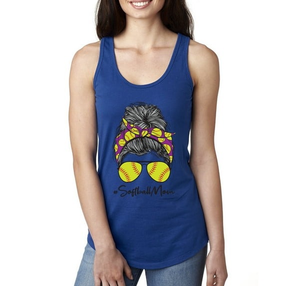 Messy Bun Softball Mom Life Game Day Vibes Sports Lover | Mother's Day Sports Ladies Racerback Sleeveless Top, Royal, S
