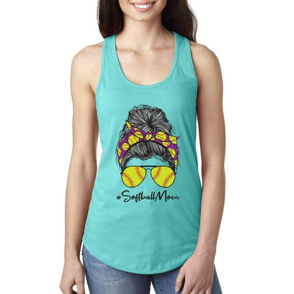 Messy Bun Softball Mom Life Game Day Vibes Sports Lover | Mother's Day Sports Ladies Racerback Sleeveless Top, Tahiti Blue, XL