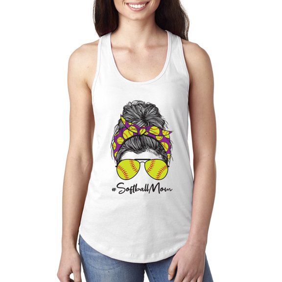 Messy Bun Softball Mom Life Game Day Vibes Sports Lover | Mother's Day Sports Ladies Racerback Sleeveless Top, White, L