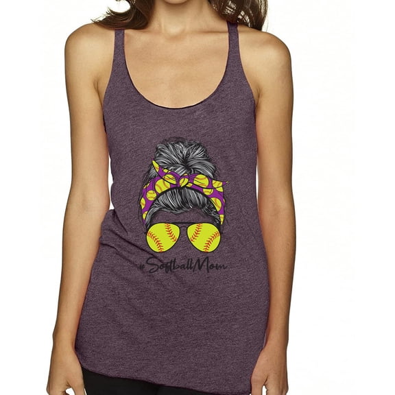 Messy Bun Softball Mom Life Game Day Vibes Sports Lover | Mother's Day Sports Tri-Blend Racerback Sleeveless Top, Purple Vintage, L