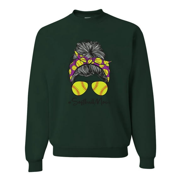 Messy Bun Softball Mom Life Game Day Vibes Sports Lover | Mother's Day Sports Unisex Crewneck Sweatshirt, Forest Green, S