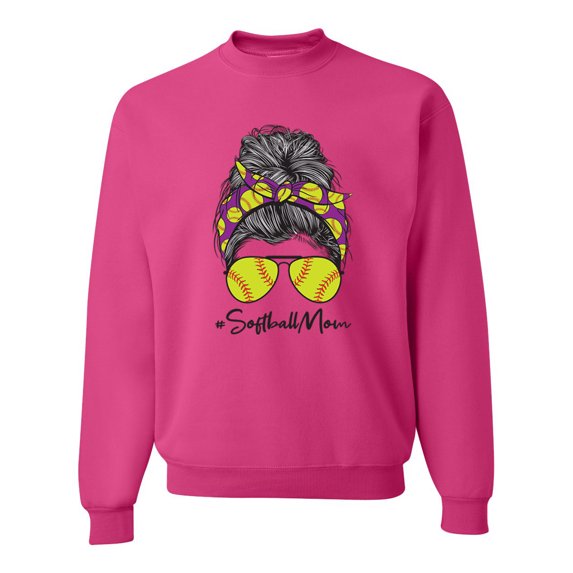 Messy Bun Softball Mom Life Game Day Vibes Sports Lover | Mother's Day Sports Unisex Crewneck Sweatshirt, Fuschia, XL