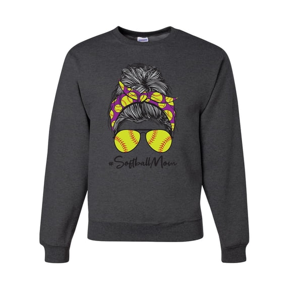Messy Bun Softball Mom Life Game Day Vibes Sports Lover | Mother's Day Sports Unisex Crewneck Sweatshirt, Heather Black, M