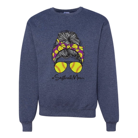 Messy Bun Softball Mom Life Game Day Vibes Sports Lover | Mother's Day Sports Unisex Crewneck Sweatshirt, Vintage Heather Navy, 2XL