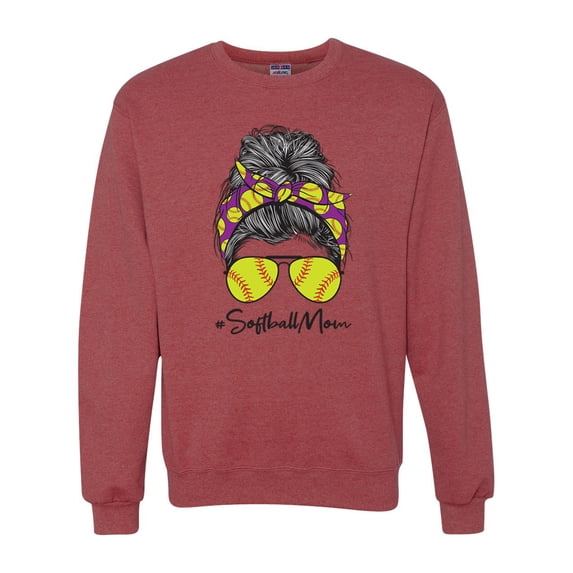 Messy Bun Softball Mom Life Game Day Vibes Sports Lover | Mother's Day Sports Unisex Crewneck Sweatshirt, Vintage Heather Red, 2XL
