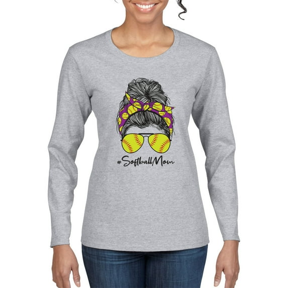 Messy Bun Softball Mom Life Game Day Vibes Sports Lover | Mother's Day Sports Womens Long Sleeve T-Shirt, Heather Grey, 2XL