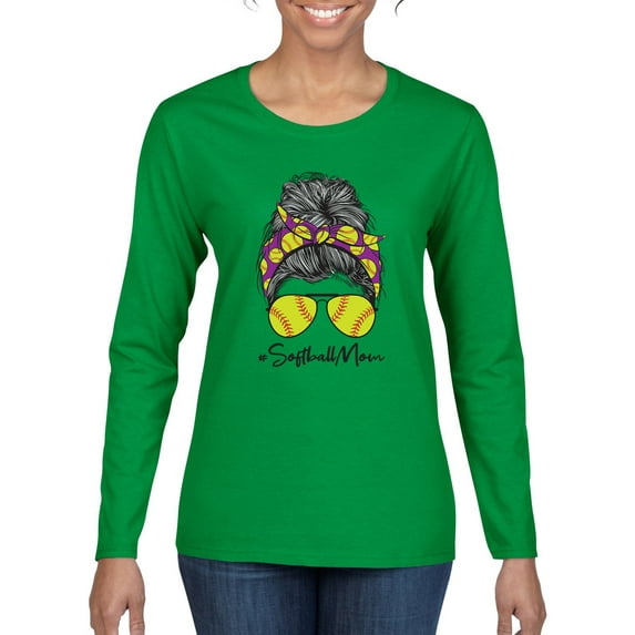 Messy Bun Softball Mom Life Game Day Vibes Sports Lover | Mother's Day Sports Womens Long Sleeve T-Shirt, Kelly, XL