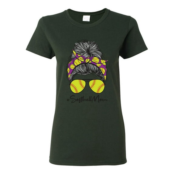 Messy Bun Softball Mom Life Game Day Vibes Sports Lover | Mother's Day Sports Womens T-Shirt, Forest Green, S