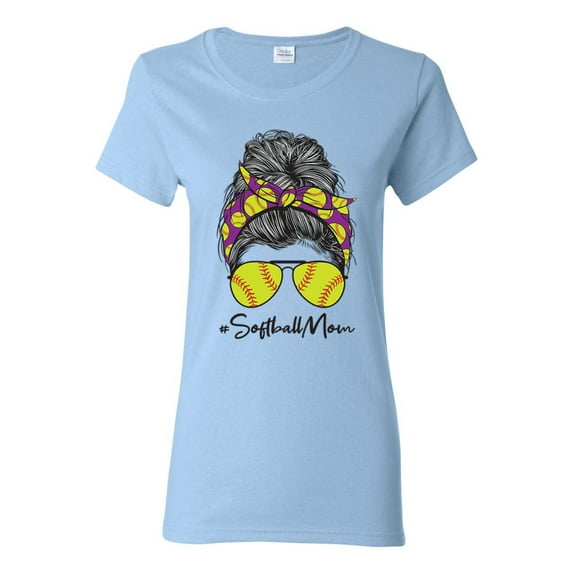 Messy Bun Softball Mom Life Game Day Vibes Sports Lover | Mother's Day Sports Womens T-Shirt, Light Blue, L