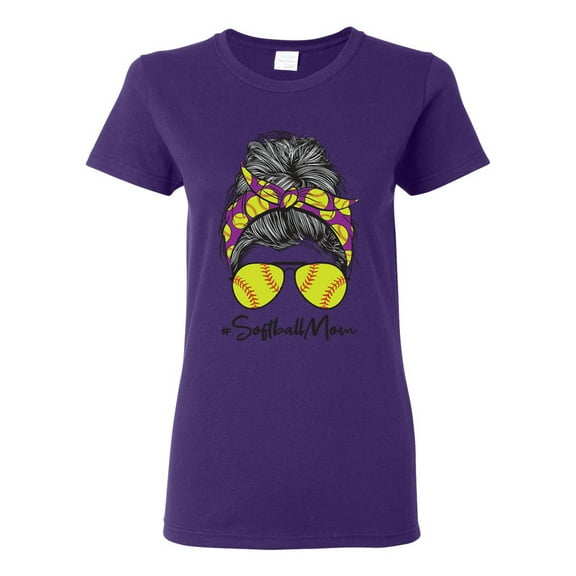 Messy Bun Softball Mom Life Game Day Vibes Sports Lover | Mother's Day Sports Womens T-Shirt, Purple, 3XL