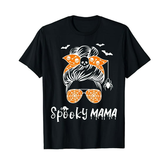 Messy Bun Spooky Mama Mom Funny Halloween Costume Skull T-Shirt