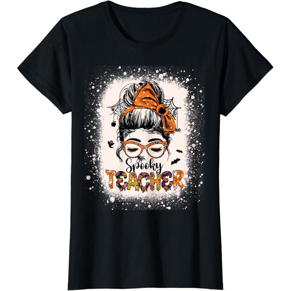 Messy Bun Spooky Teacher Womens Bleached Halloween Teachers T-Shirt