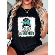 Messy Bun Teal Ribbon Myasthenia Gravis Awareness Gifts T-Shirt Graphic Tee summer Tops For Women Round Neck Fashion Cotton shirts