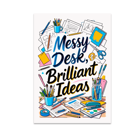 Messy Desk, Brilliant Ideas - Creative Office Decor - 13x19 Poster Print
