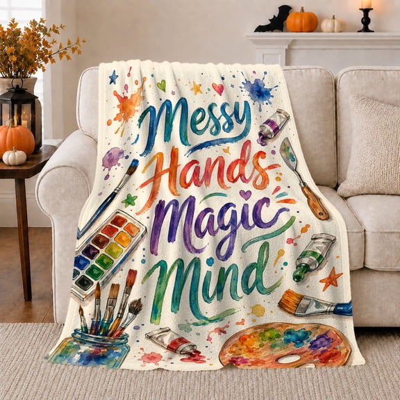 Messy Hands Magic Mind Artist Flannel Blanket, Paint Palette Brushes Tubes And Color Splashes For Bedroom And Living Room, Home Decor Throw, Gift For Painters, Cozy Accent