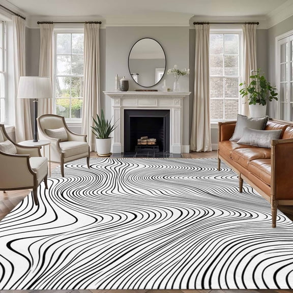 Messy Lines Abstract Geometric Black White Ocean Waves , Soft Non Slip Rugs Stain Repellent Indoor Felt Carpet for Living Dining Room Bedroom Home Office