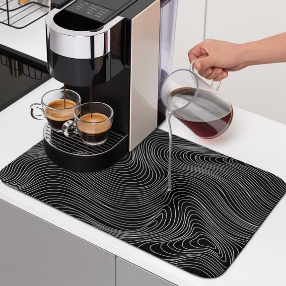 Messy Lines Dish Drying Mats for Kitchen Counter, Abstract Geometric Black Ocean Waves Absorbent Coffee Bar Mat with Non-slip Rubber Backed Quick Drying Dish Rack Pad 12"x16"