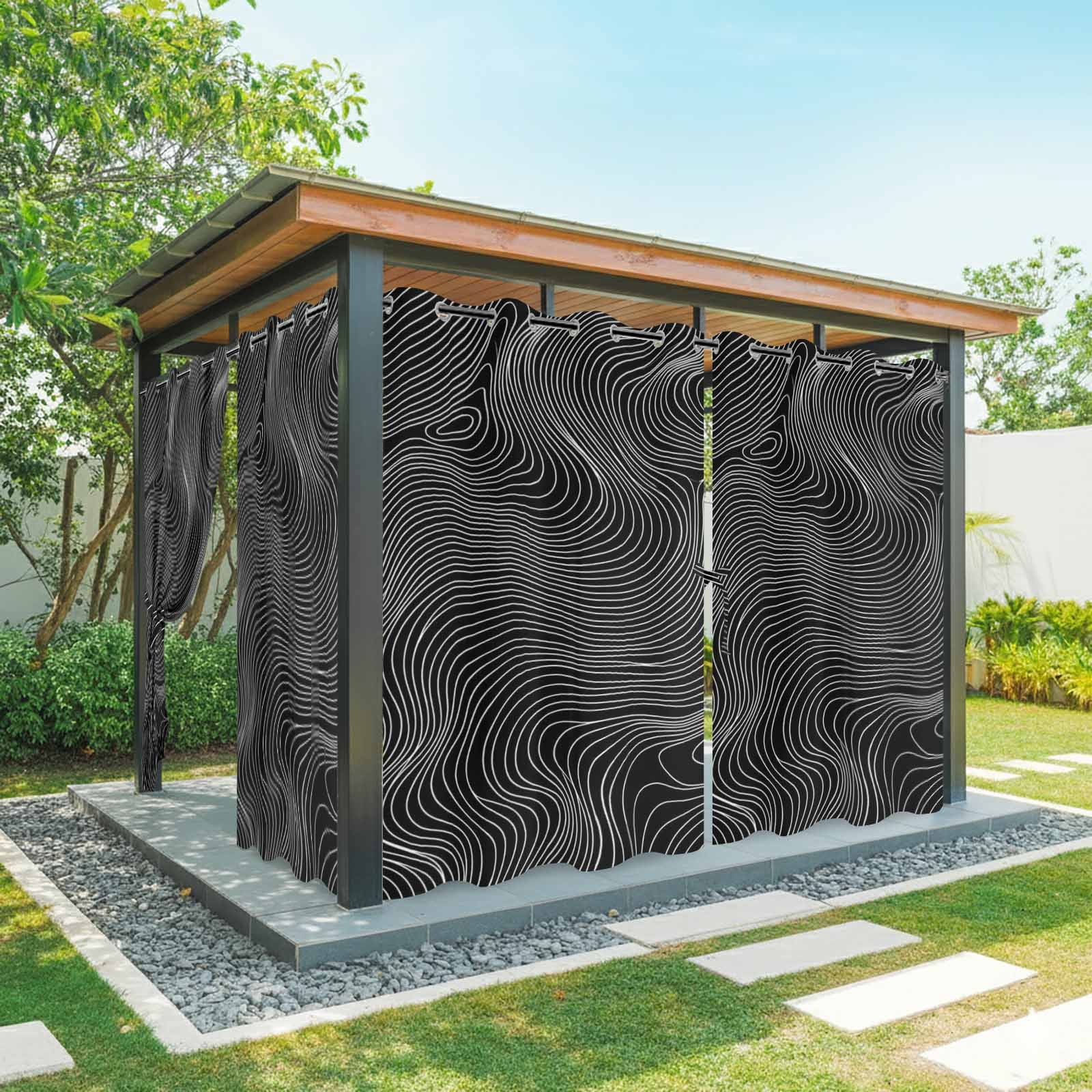 Messy Lines Outdoor Curtains for Patio, Abstract Geometric Black Ocean Waves Sunshade Privacy Drapes Grommet Waterproof Outside Curtains for Porch/Cabana/Balcony 54"x 108", 1 Panel
