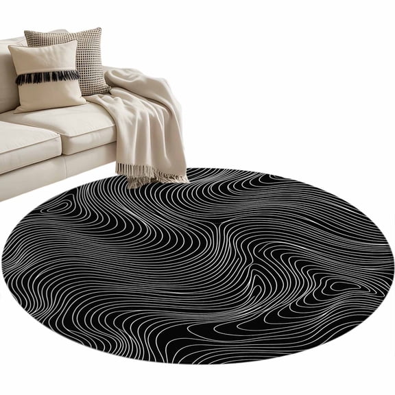 Messy Lines Round Area Rugs 3 ft, Abstract Geometric Black Ocean Waves Washable Small Area Rug with Non-Slip Sturdy Edge Binding Round Front Door Mat Floor Carpet for Entryway