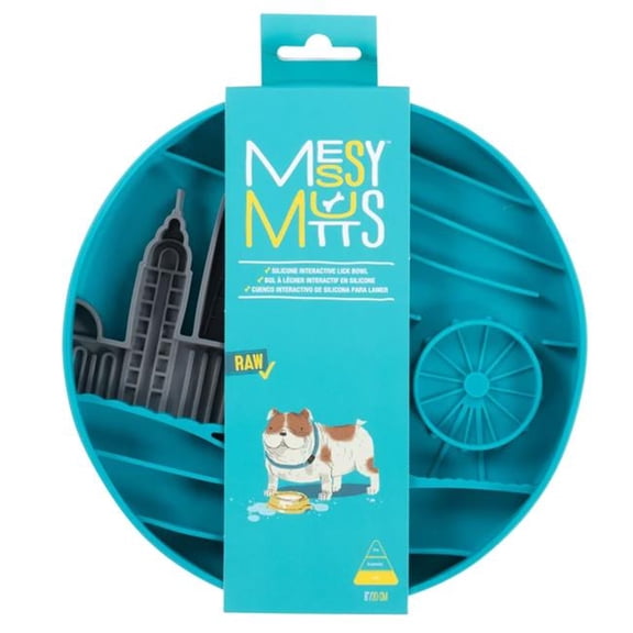 Messy Mutts 628043608337 Silicone Interactive Lick Bowl for Dog, City Pattern - Blue