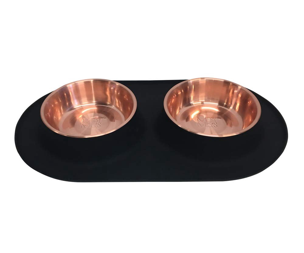 Messy Mutts Double Silicone Feeder with Copper-Colored Stainless Bowls | Non-Skid Food Dishes for Dogs | Sizes Available for All Pets | Dog Food Bowls | Large, 3 Cups Per Bowl | Black
