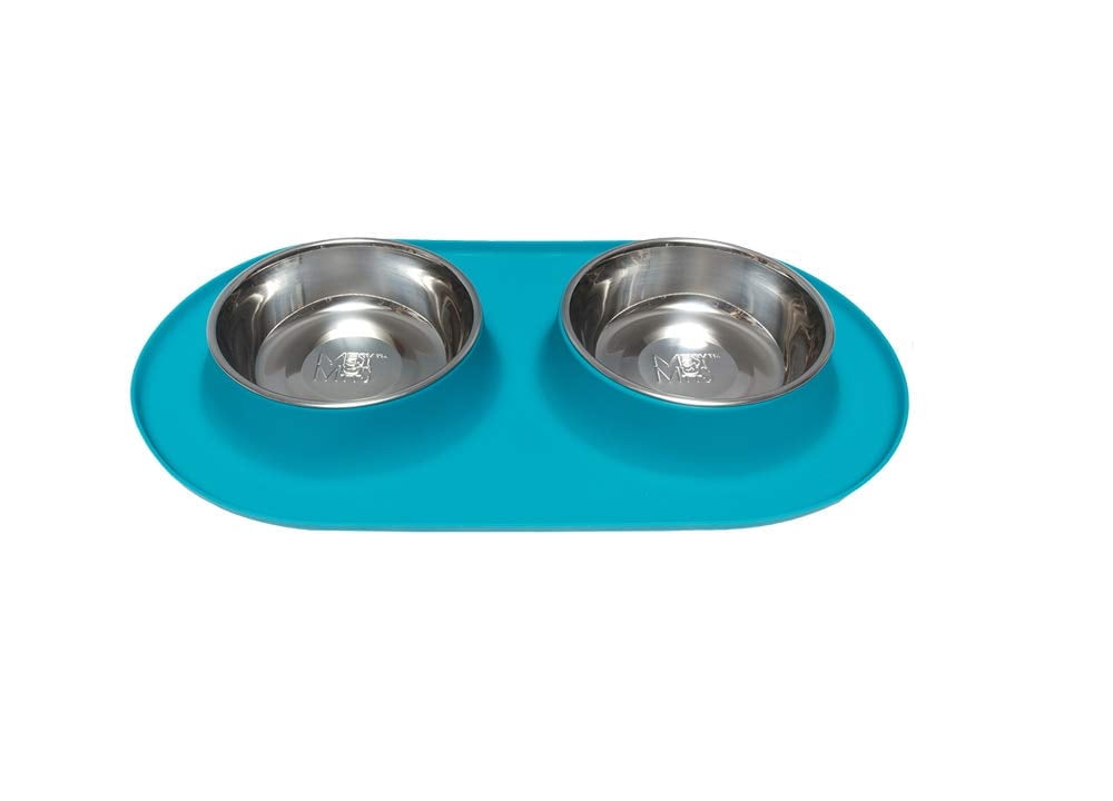 Messy Mutts Double Silicone Feeder with Stainless Bowls | Non-Skid Food Dishes for Dogs | Sizes Available for All Pets | Dog Food Bowls | Large, 3 Cups Per Bowl | Blue