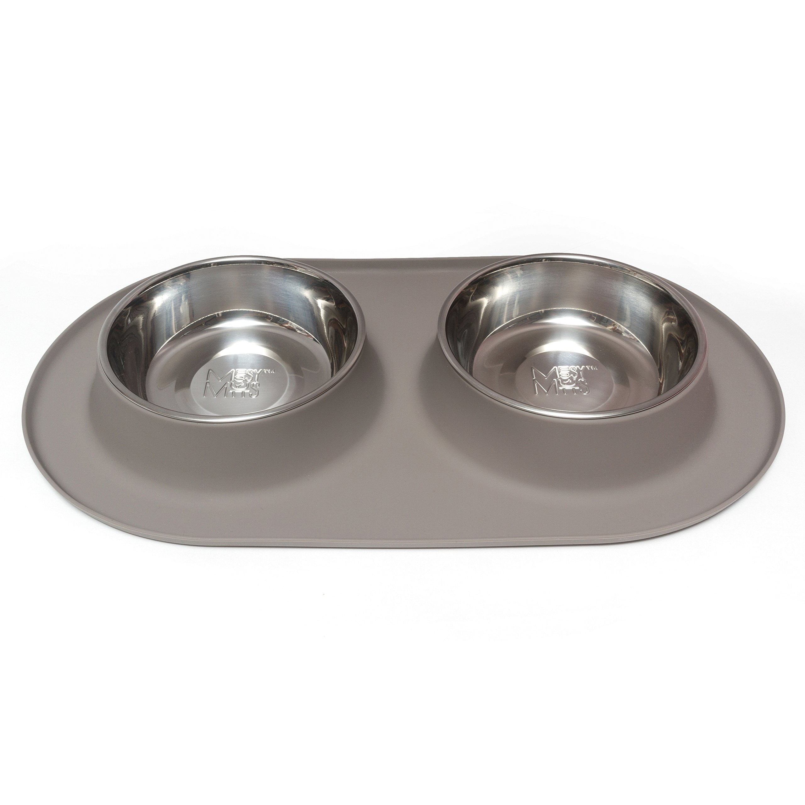 Messy Mutts Double Silicone Feeder with Stainless Bowls | Non-Skid Food Dishes for Dogs | Sizes Available for All Pets | Dog Food Bowls | Large, 3 Cups Per Bowl | Grey