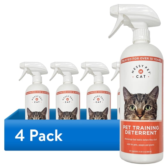 (4 pack) Messy Pet Training Deterrent Spray Helps Stop Scratching, Other Bad Cat Behaviors: Peeing, Marking - 27 oz