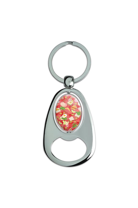 Messy Sandwich Pattern Bread Cheese Bacon Lettuce Egg Food Keychain Chrome Metal Spinning Oval Bottle Opener