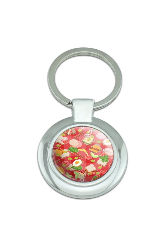 Messy Sandwich Pattern Bread Cheese Bacon Lettuce Egg Food Keychain Classy Round Chrome Plated Metal