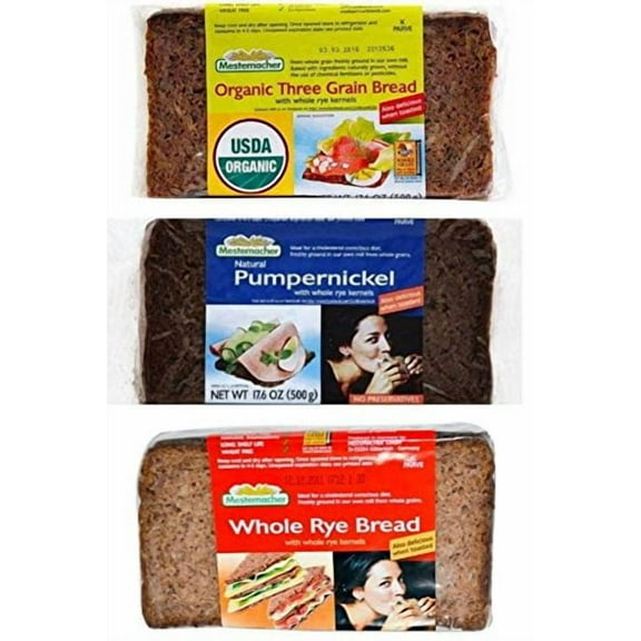 Mestemacher Natural High Fiber Bread 3 Flavor Variety Bundle: (1) Mestemacher Organic Three Grain Bread, (1) Mestemacher Pumpernickel Bread, and (1) Mestemacher Whole Rye Bread, 17.6 Oz