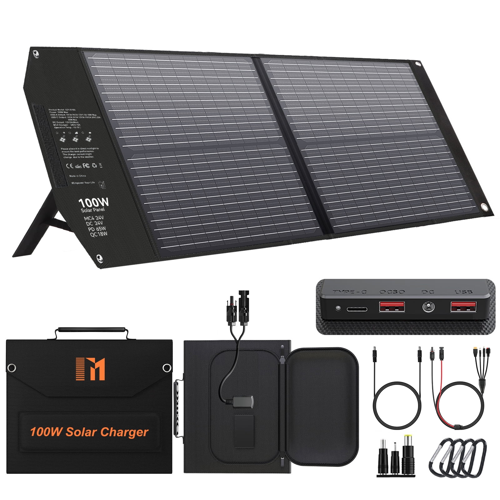 Mesuvida 100W Portable Solar Panel for Power Station Generator Foldable Solar Charger 24V MC4 DC USB-A USB-C Output Fast Charging for iPhone, Tablets, Outdoor Camping Travel, Off The Grid Living