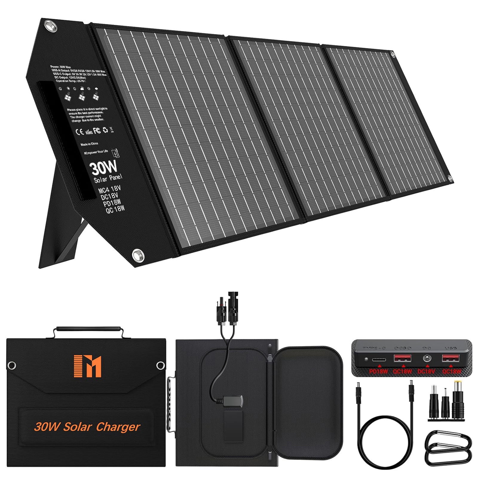 Mesuvida 30W Portable Solar Charger Foldable Solar Panel with USB C and USB A 18V DC MC4 for Camping Backpacking Travel Fast Charging for iPhone LG Cell Phone Power Bank Generator Power Station - Walmart.com