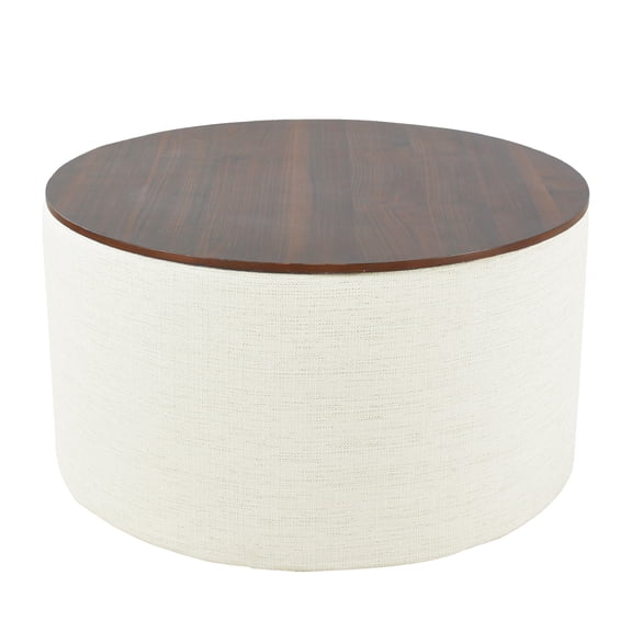 Mesy Storage Ottoman, 30 Inch Round Lift Tray Top, Ivory Woven Fabric