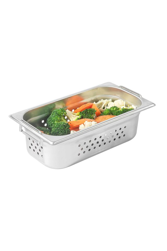 -One Third (1/3rd) Perforated Steam Table Pan - 2.5" Deep - Collapsible Handles - Anti Jam - Commercial Grade Stainless Steel - 1ct Box - Met Lux