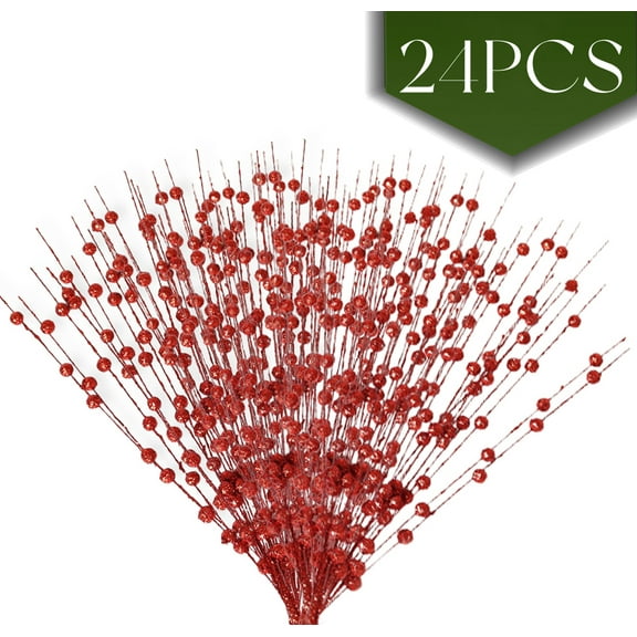 MetMetalrt 24 Pcs Set, Red Glitter Christmas Tree Picks, 15", Artificial Berries Ornaments