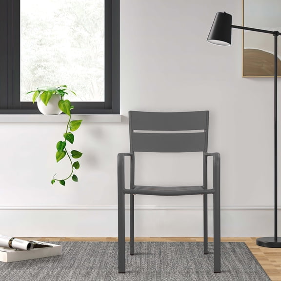 Benjara Meta 22 Inch 6 Piece Dining Chair Set, Gray Aluminum Frame, Stackable
