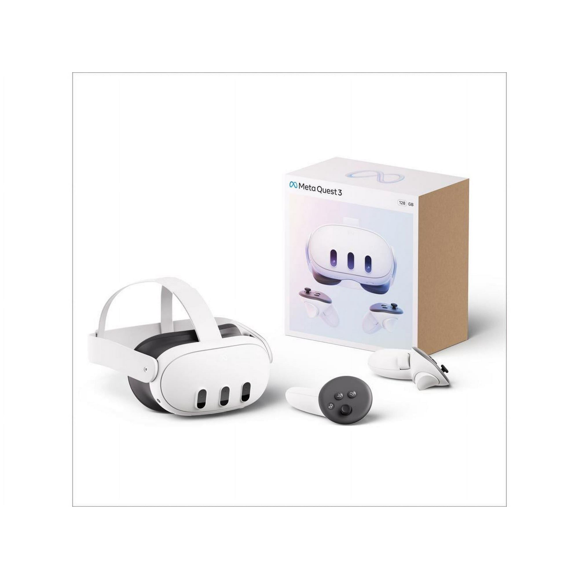A white VR headset and two controllers next to a box