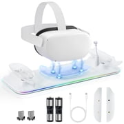 Charging Dock for Meta Quest 3, Fast Charging Magnetic Stand for VR Oculus Quest 3, with LED Light, with 2 Rechargeable 1200mAh Batteries, White