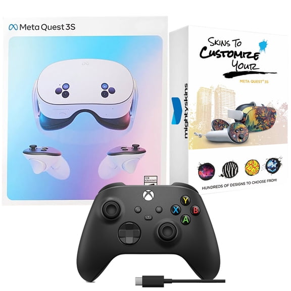Meta Quest 3S 256GB Virtual Reality VR Headset with Black with USB-C Cable Xbox Controller and MightySkins Custom Skin Code Bundle
