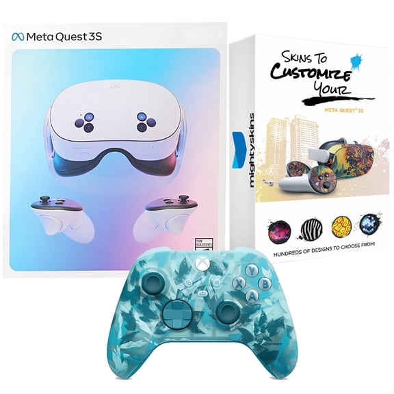Meta Quest 3S 256GB Virtual Reality VR Headset with Ice Break Xbox Controller and MightySkins Custom Skin Code Bundle