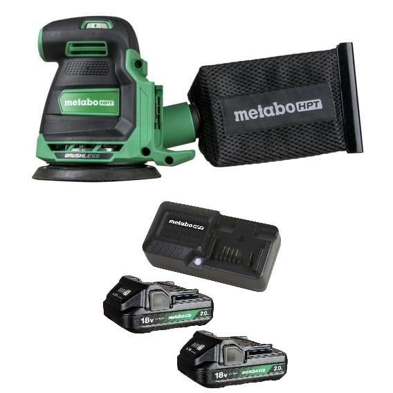 Metabo HPT 18V MultiVolt Corldess 5-inch Random Orbit Sander with 18V 2 Ah Lithium-Ion Batteries with Charger Kit